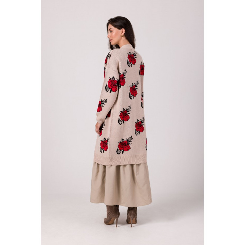 BK102 Long cardigan in roses - beige