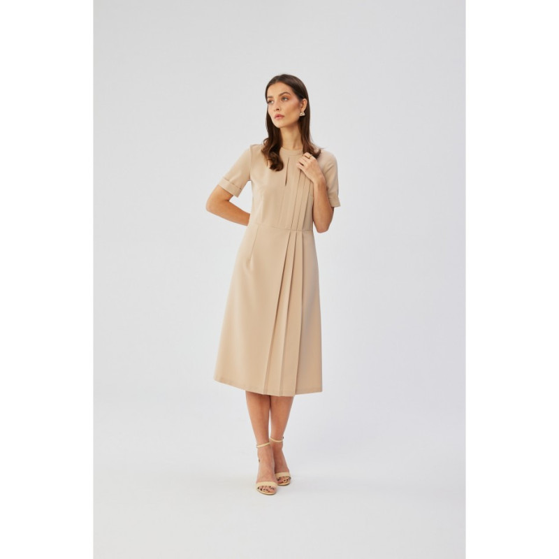 S361 Dress with decorative side pleats - beige