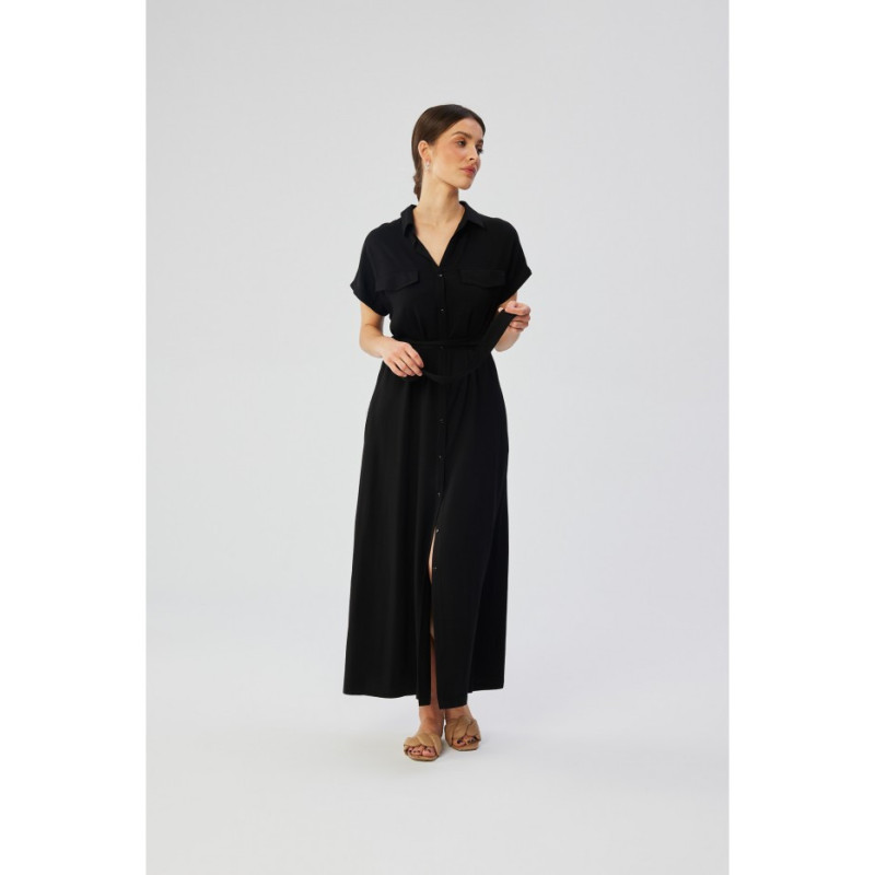 S364 Short-sleeved maxi spread dress - black