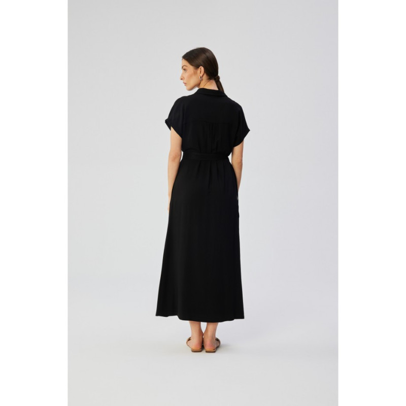 S364 Short-sleeved maxi spread dress - black