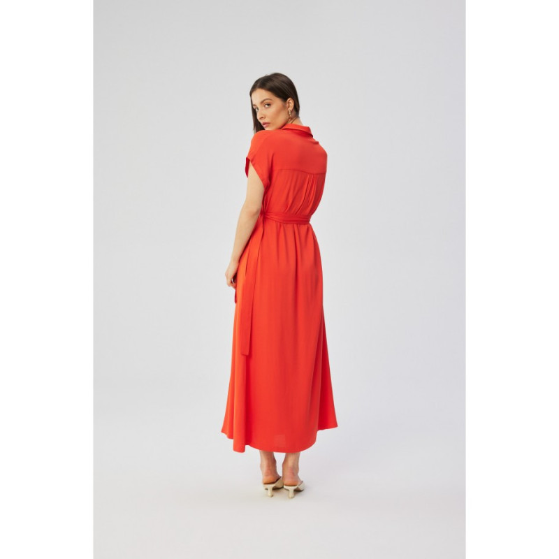 S364 Short-sleeved maxi spread dress - coral