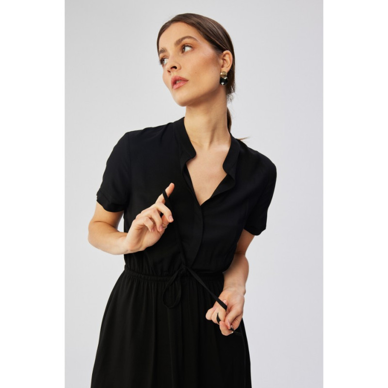 S366 Dress with stand-up collar and waist tie - black