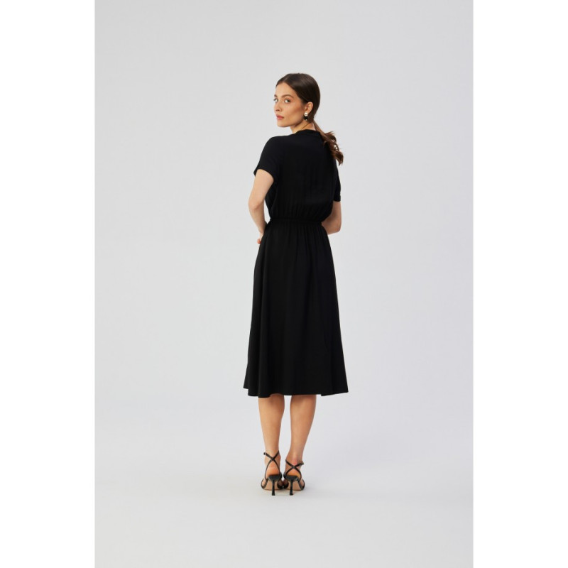 S366 Dress with stand-up collar and waist tie - black