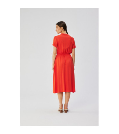 S366 Dress with stand-up collar and waist tie - coral