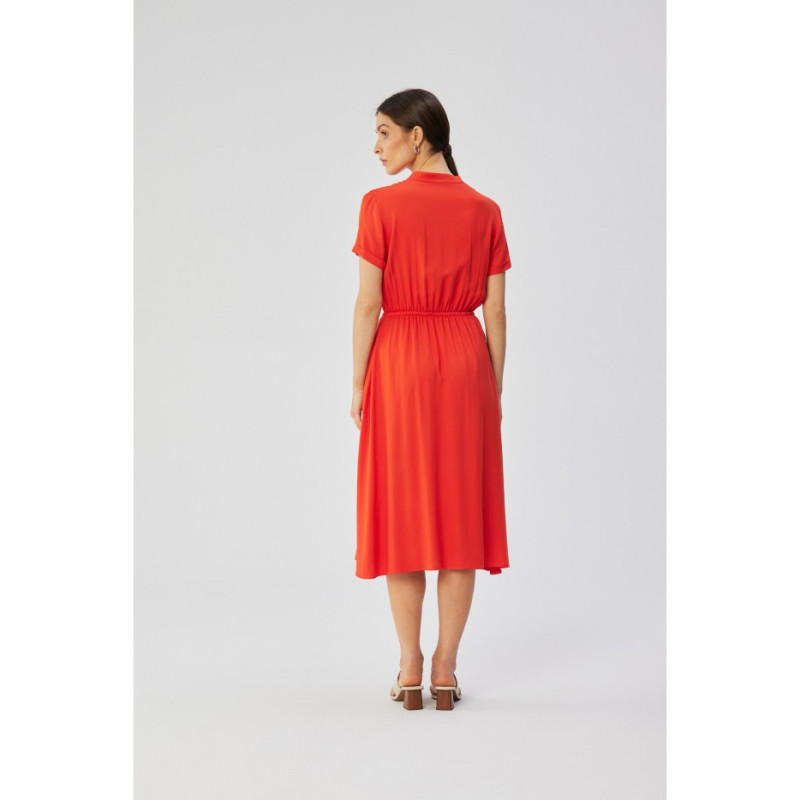 S366 Dress with stand-up collar and waist tie - coral