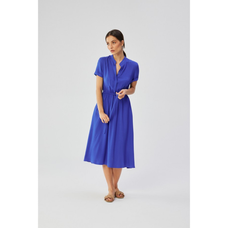 S366 Dress with stand-up collar and waist tie - blue