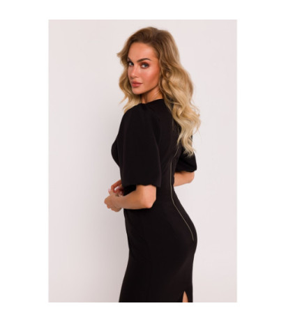 M779 Dress with neckline and heavily marked waist - black