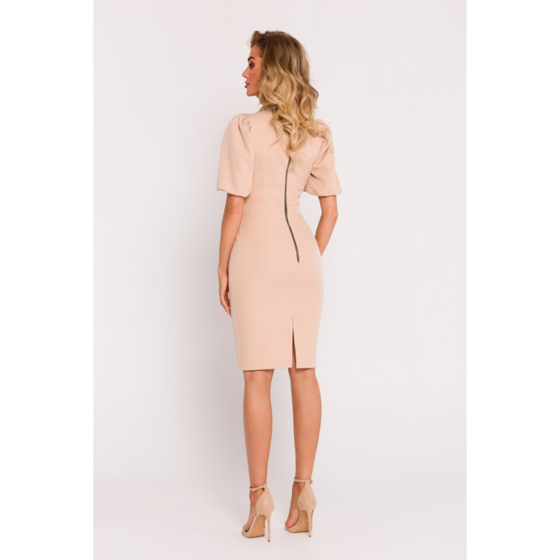 M779 Dress with neckline and heavily marked waist - beige