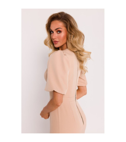 M779 Dress with neckline and heavily marked waist - beige