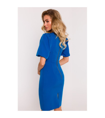 M779 Dress with neckline and heavily marked waist - blue