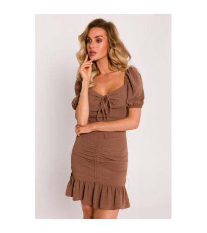 M784 Mini dress with tie at neckline - chocolate