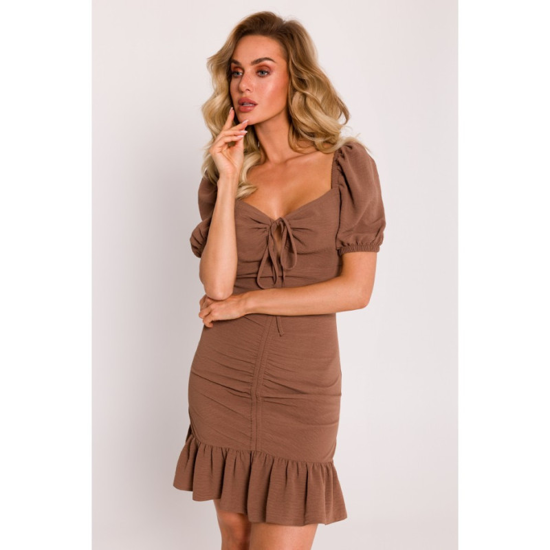 M784 Mini dress with tie at neckline - chocolate