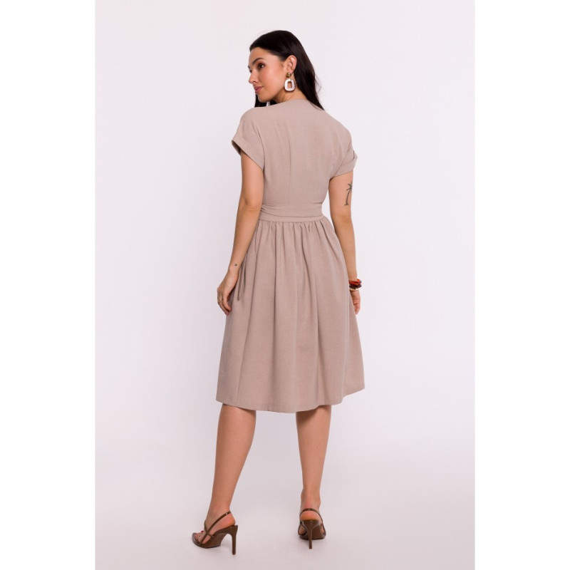 B279 Overlap dress with waist tie - beige