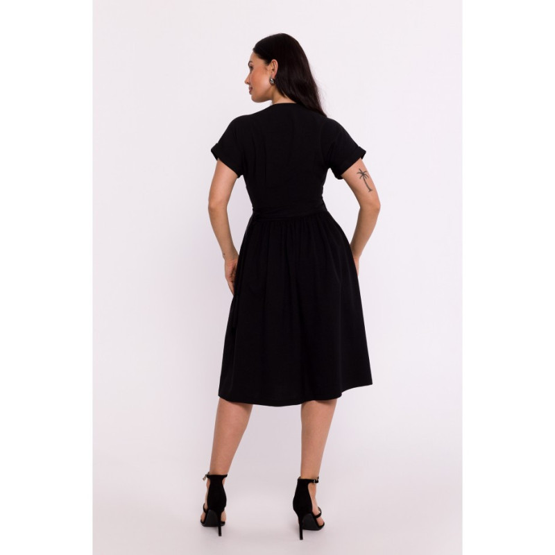 B279 Overlap dress with waist tie - black