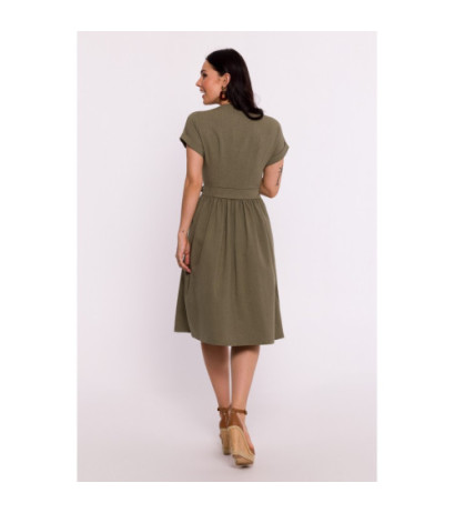 B279 Overlap dress with waist tie - olive green