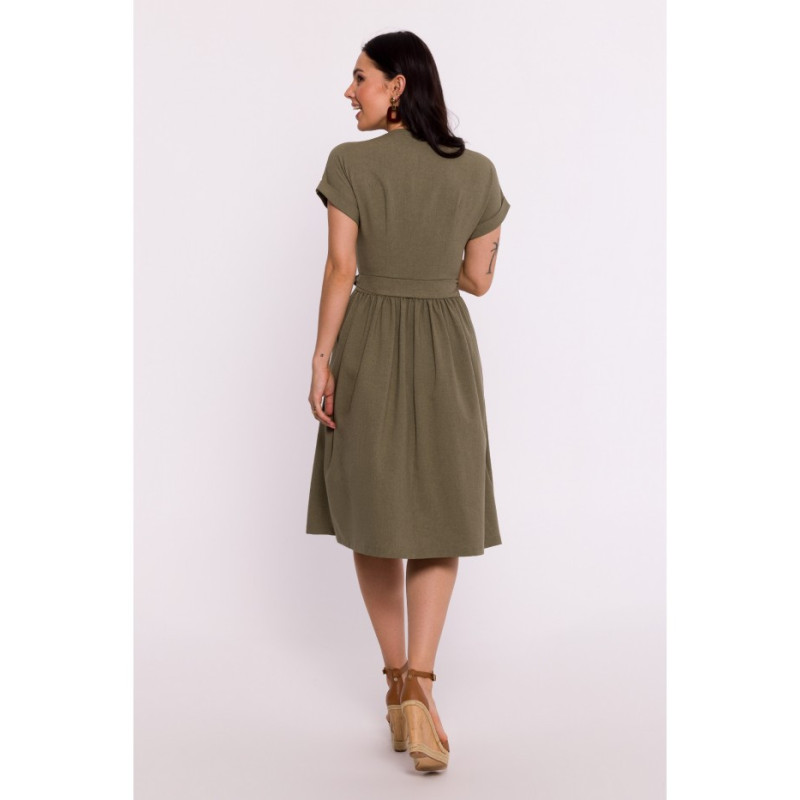 B279 Overlap dress with waist tie - olive green