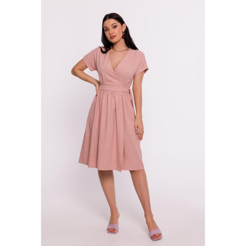 B279 Overlap dress with waist tie - pink