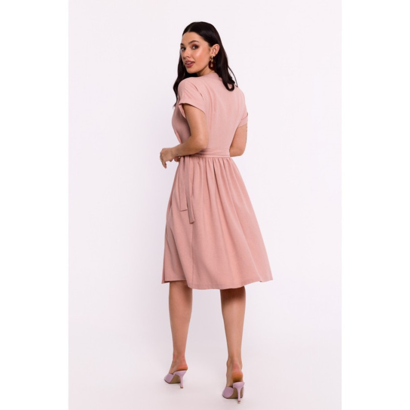 B279 Overlap dress with waist tie - pink