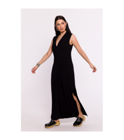 B284 Viscose maxi dress with overlap - black