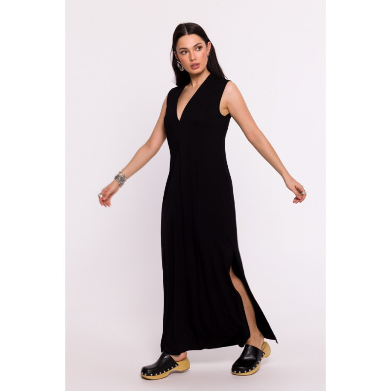 B284 Viscose maxi dress with overlap - black