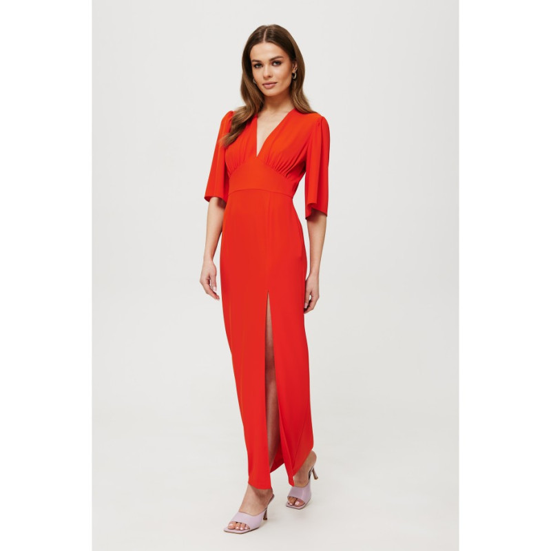 K183 Maxi dress with leg slit - coral