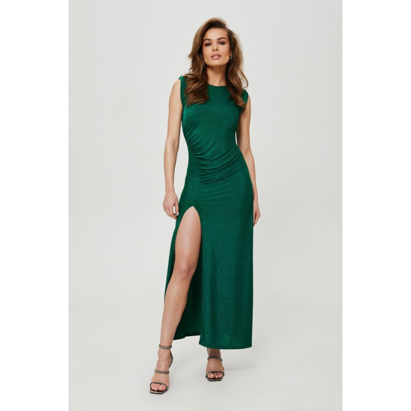 K186 Metallic maxi dress with cushions and pleats - emerald