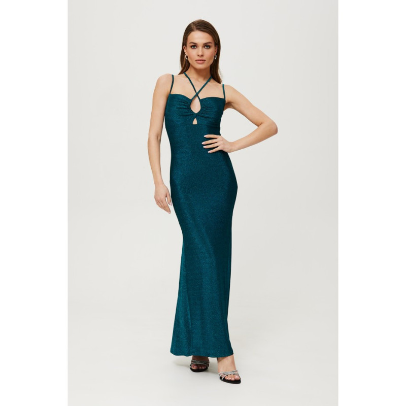 K188 Metallic maxi dress with tie at neckline - nautical