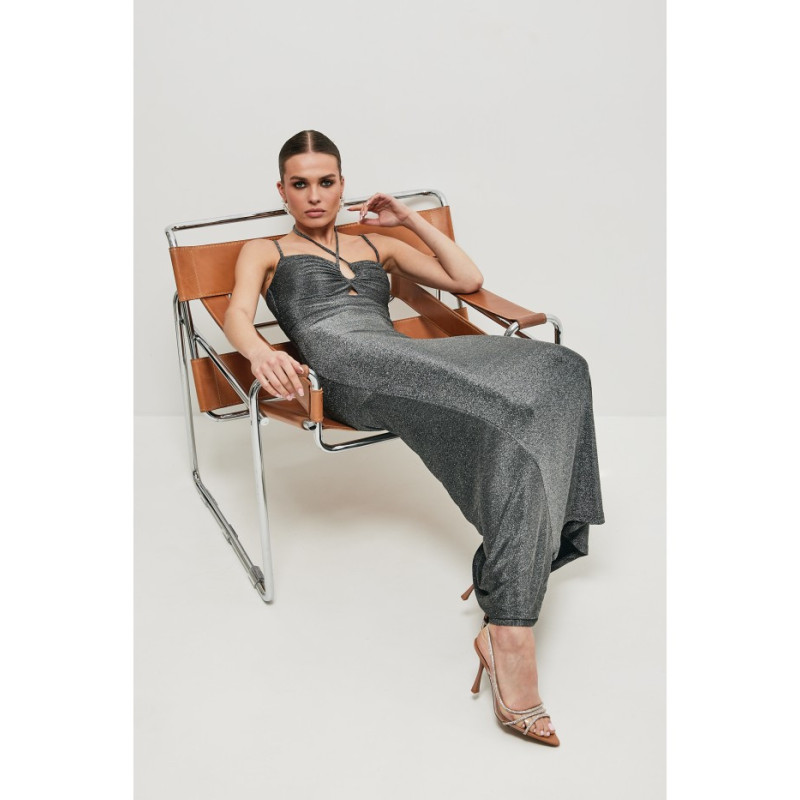 K188 Metallic maxi dress with tie at neckline - silver