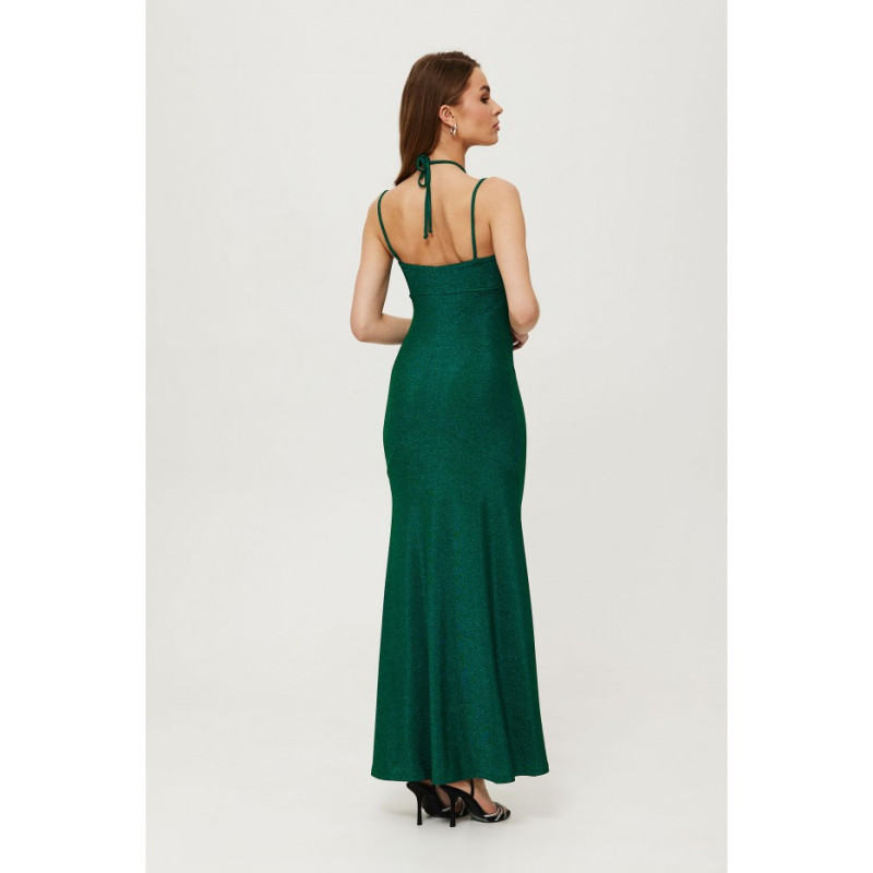 K188 Metallic maxi dress with tie at neckline - emerald