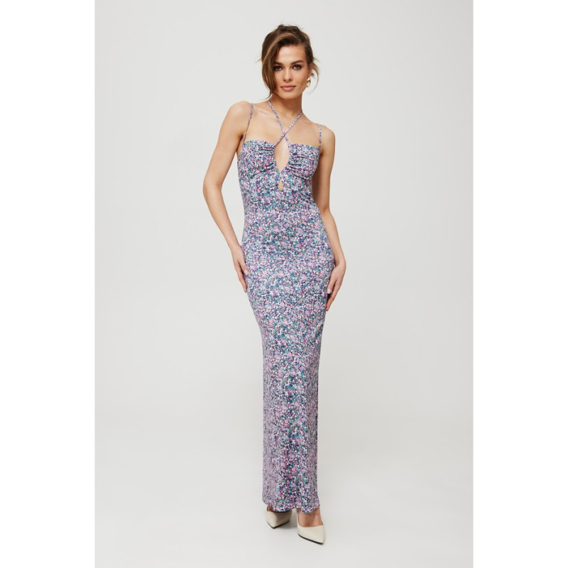 K193 Printed maxi dress with tie at neckline - model 2