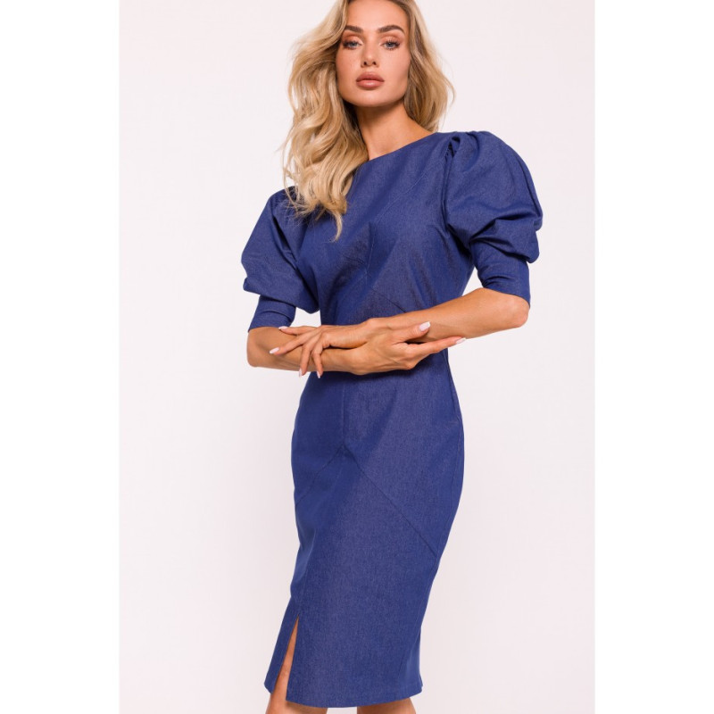 M803 Dress with stitching and buff sleeves - blue