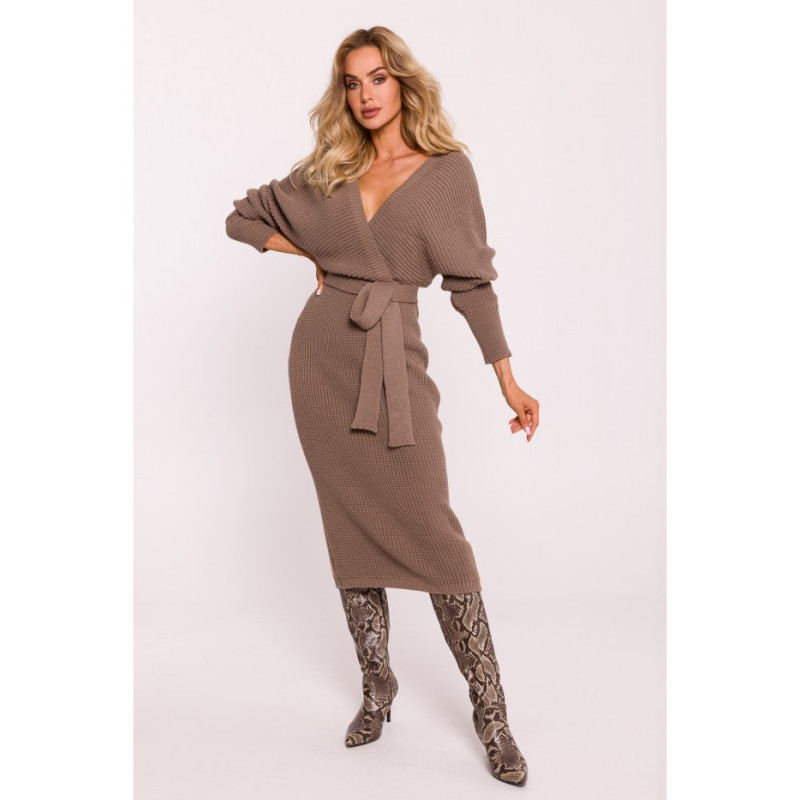 M810 Sweater dress with envelope neckline and belt - cappuccino