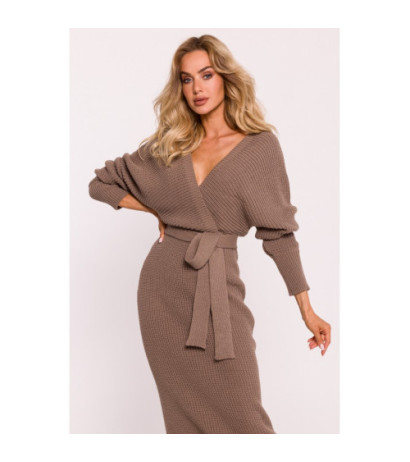 M810 Sweater dress with envelope neckline and belt - cappuccino