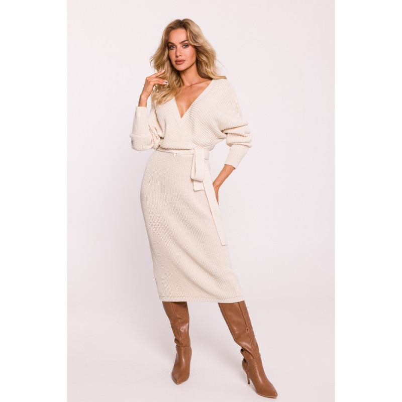 M810 Sweater dress with envelope neckline and belt - ivory