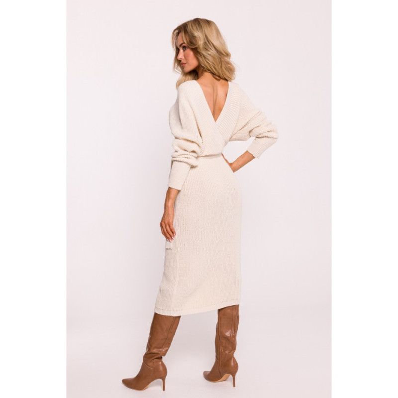 M810 Sweater dress with envelope neckline and belt - ivory