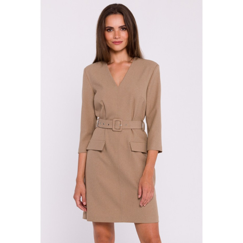 S369 Short dress with belt - beige