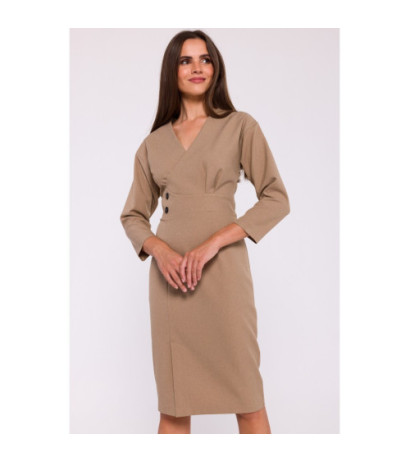 S374 Dress with accentuated waist and decorative buttons - beige