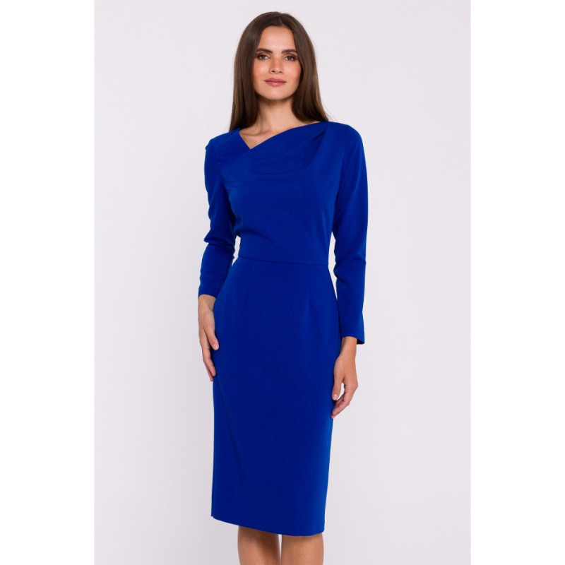 S376 Pencil dress with asymmetrical neckline - cornflower blue