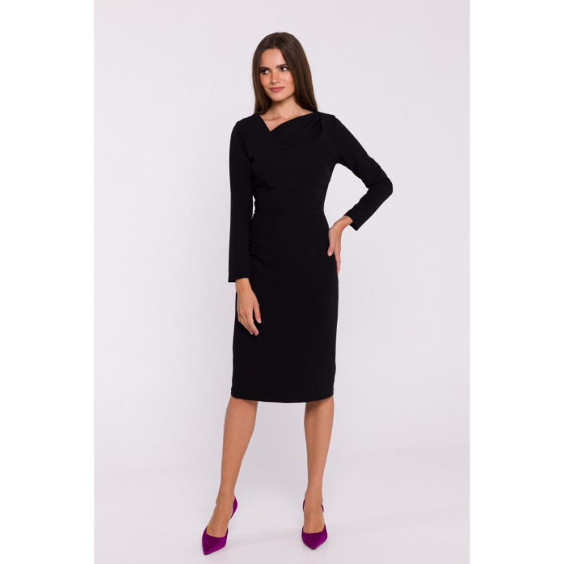 S376 Pencil dress with asymmetrical neckline - black