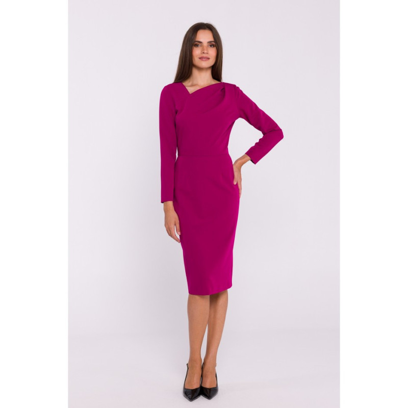 S376 Pencil dress with asymmetrical neckline - plum