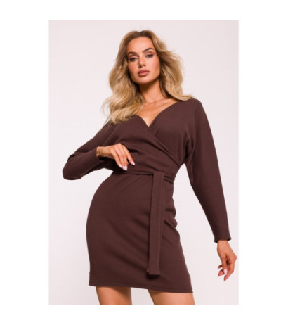 M819 Ribbed mini dress with belt - brown