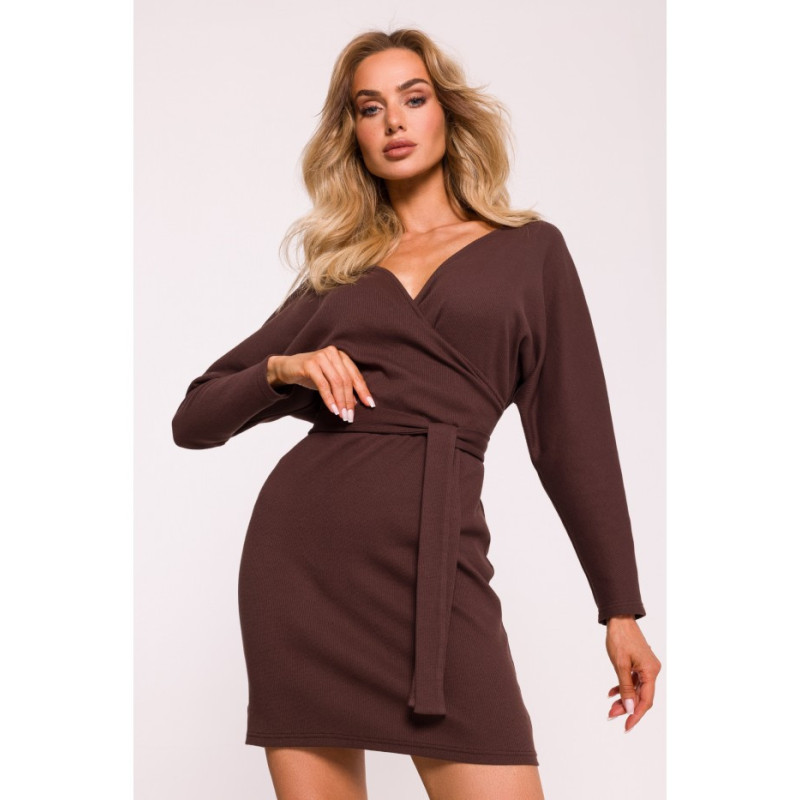 M819 Ribbed mini dress with belt - brown