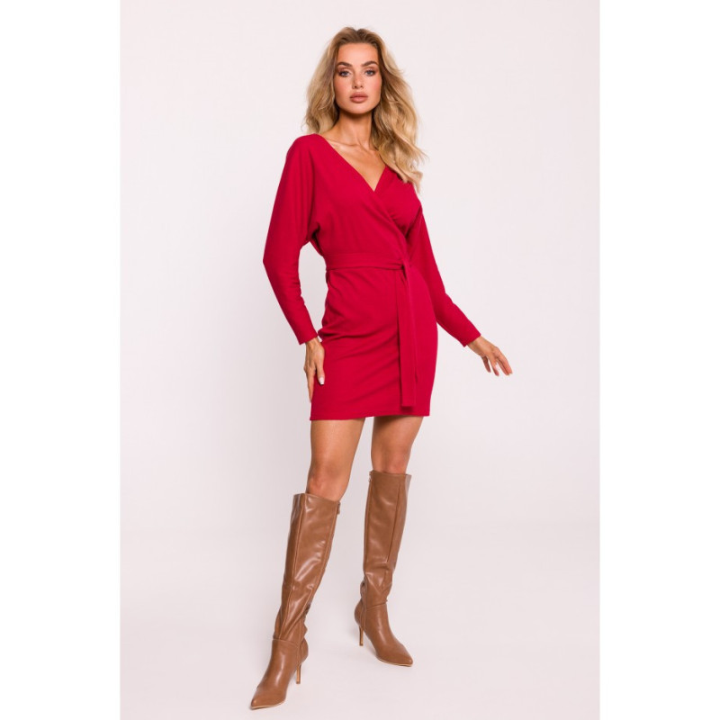 M819 Ribbed mini dress with belt - red