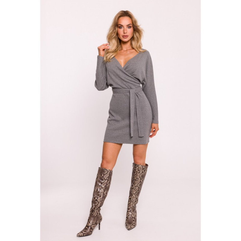 M819 Ribbed mini dress with belt - grey melange