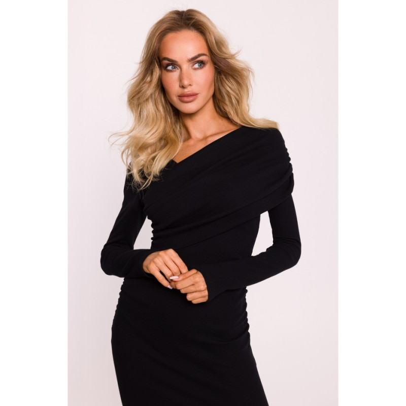 M820 Ribbed midi dress with asymmetrical neckline - black