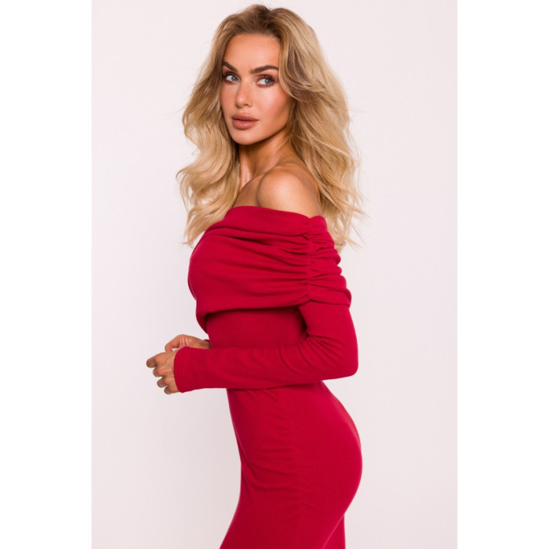 M820 Ribbed midi dress with asymmetrical neckline - red