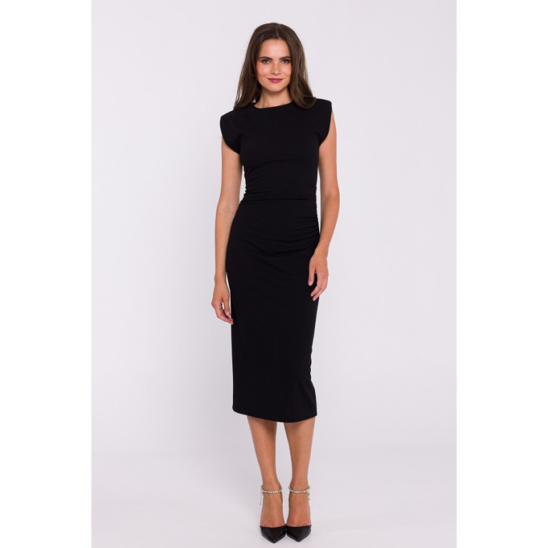 S382 Sleeveless dress with side pleats - black