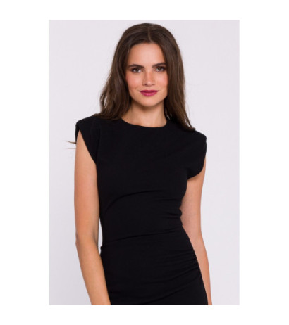 S382 Sleeveless dress with side pleats - black