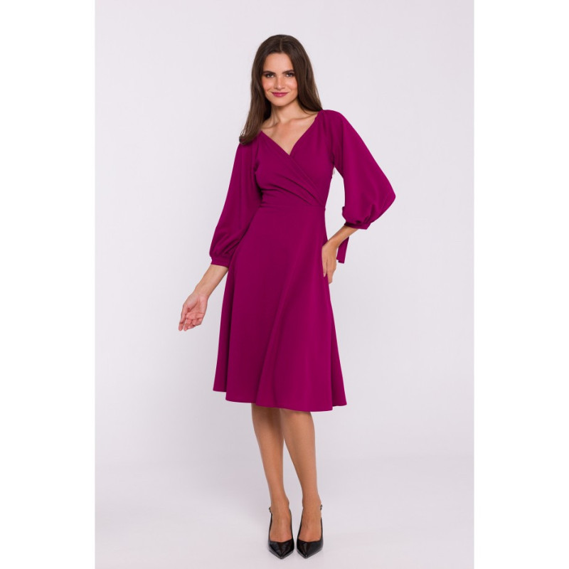 S383 Flared dress with tied sleeves - plum