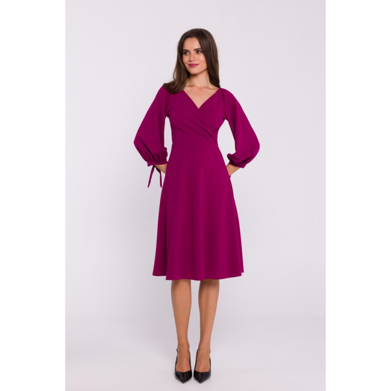 S383 Flared dress with tied sleeves - plum